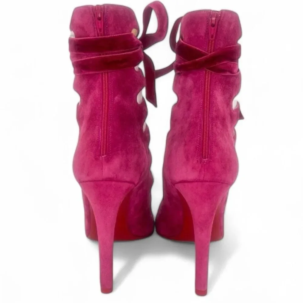 NEW CHRISTIAN LOUBOUTIN Spinetita Loulou Pink Lace-Up Booties Size EU36.5